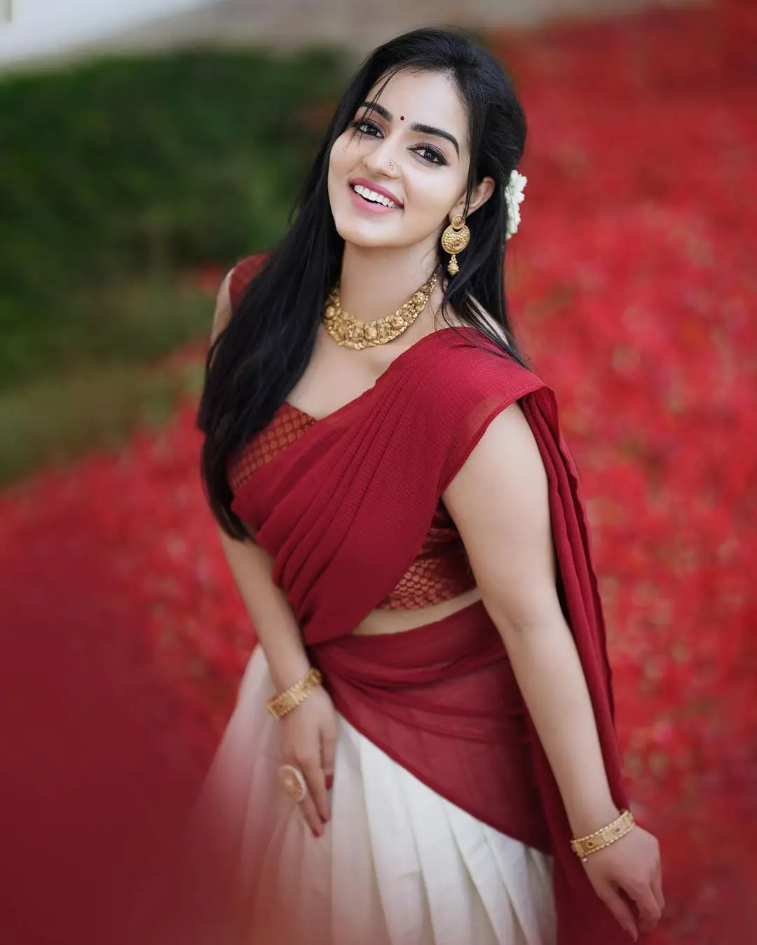 Malavika Menon In South Indian Traditional Red Half Saree Voni Blouse